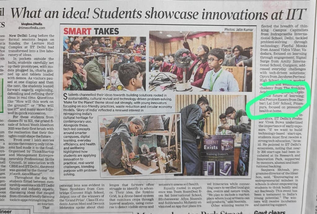 Posture Ease featured in The Times of India - All India Rank 2 at Youth Ideathon 2025